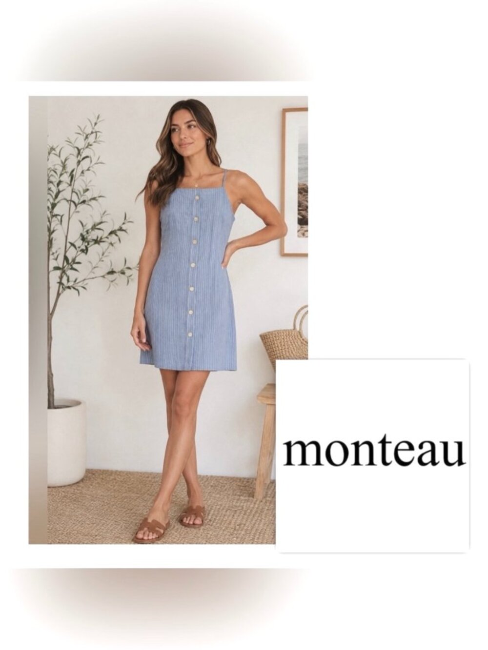 NWT Medium Monteau Los Angeles Blue Pinstripe Buttons Spaghetti Strap Dress
